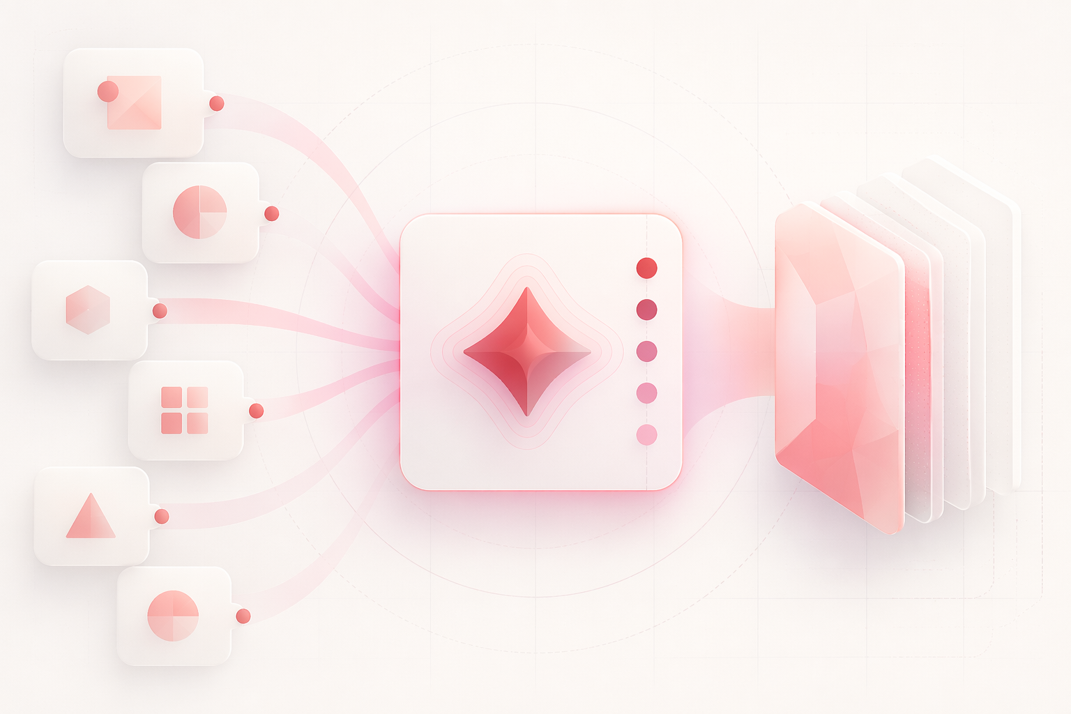 Abstract source cards feeding into a FOAM Cortex answer panel