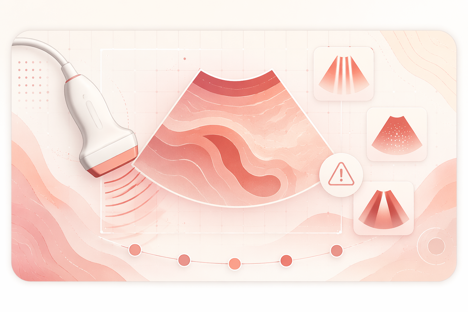 Abstract ultrasound probe, scan plane schematic, artifact cards, and citation rail